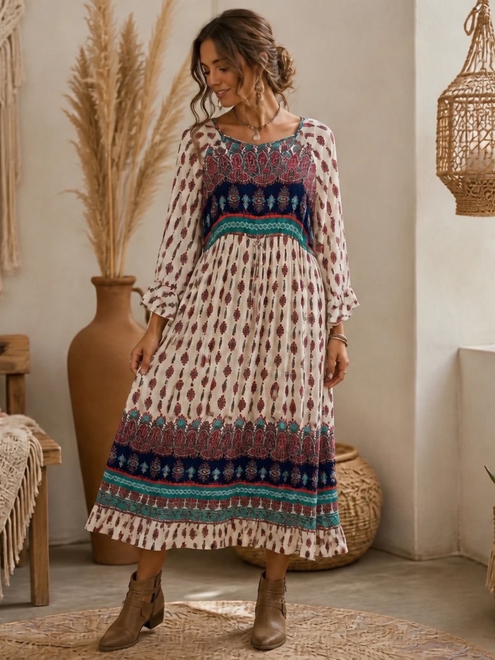 Anthropologie J Gee womens L boho Midi Dress Mixed print unique hippie Rayon